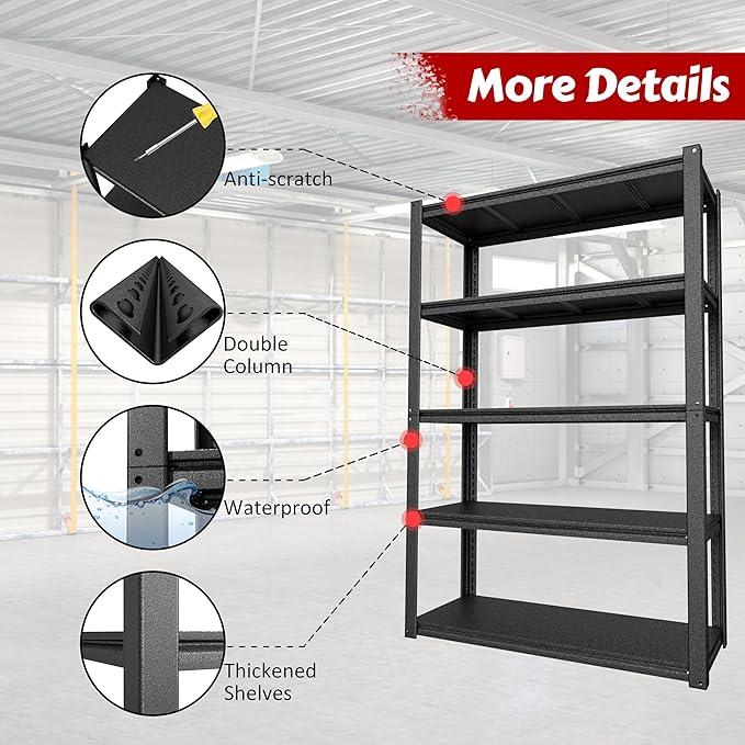MUPATER 72" H x 48" W x 18" D Metal Storage Shelves, 5 Tier Shelves and Adjustable Shelves, Garage Shelving Unit, Standing Utility Shelf Racks for Garage Warehouse Kitchen