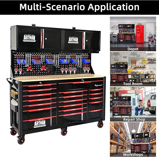 66-Inch Rolling Tool Chest and Workbench with Wheels & 19 Drawers, Lockable Storage Cabinet Stainless Steel for Garage Workshop (Tool Cart)