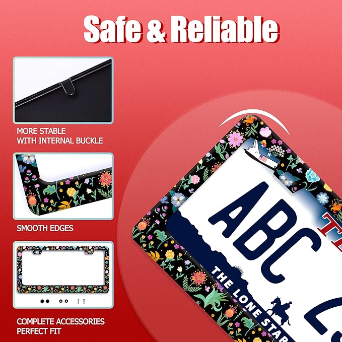 Colorful Flowers License Plate Frame Folk Art Floral License Plate Holder Funny Stainless Steel Accessories Cars Decor with 2 Holes and Screws Fits Standard Us Ca Vehicles 12.2 X 6 Inch