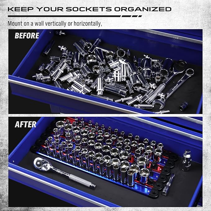 Magnetic Socket Holder Organizer Set: 6-Piece Detachable 1/4, 3/8, 1/2 Socket Trays Socket Organizer for Tool Box Drawer Holds 80-Piece Standard Size Sockets for Automotive Mechanic Garage(Red Blue)