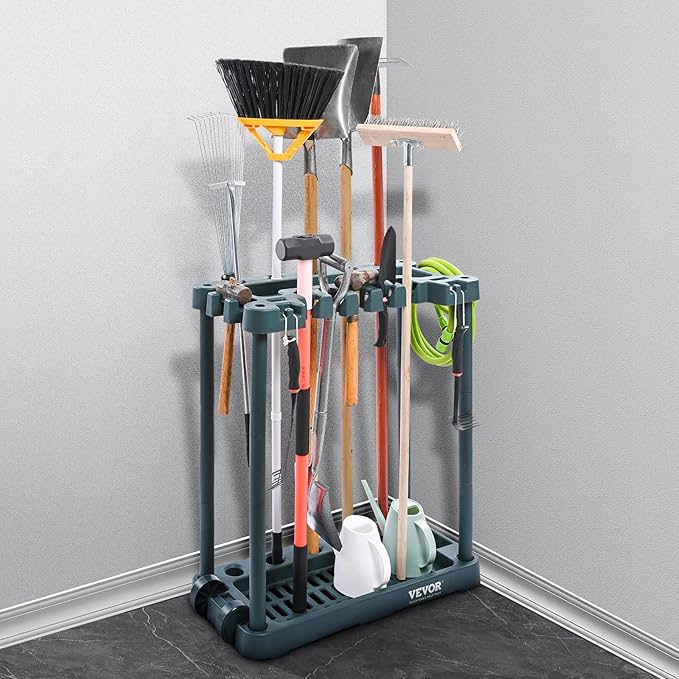 VEVOR Garden Tool Organizer, 10 Slots, Yard Tool Tower Rack for Garage Organization and Storage, Hold Long-Handled Tool/Rake/Broom/Shovel, PP Garden Tool Stand Holder Organizer for Yard, Shed, Outdoor