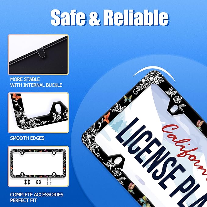 Butterfly License Plate Frame Wild Flower License Plate Holder Stainless Steel Women Colorful Car Accessory Decoration