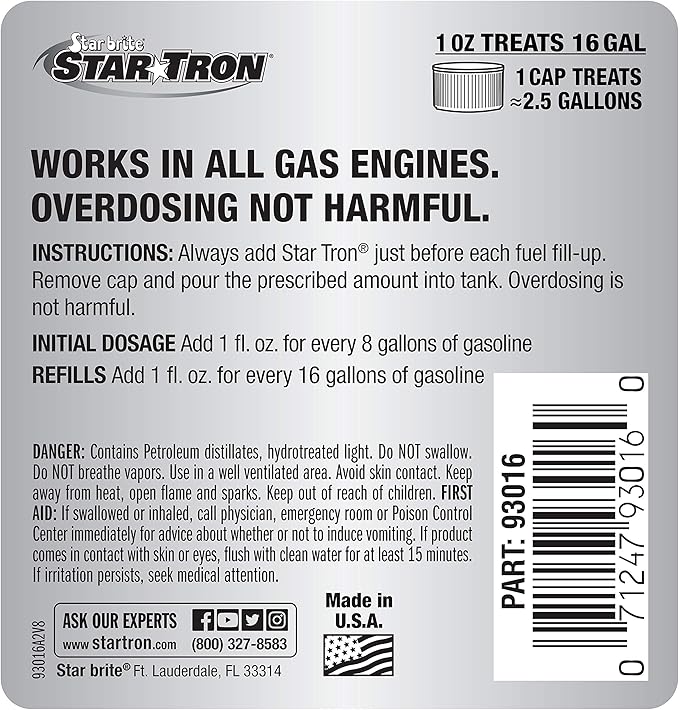 Star Tron Enzyme Fuel Treatment Concentrate, 16 Fl. Oz. – Treats up to 256 Gallons – Rejuvenate & Stabilize Old Gasoline, Cure Ethanol Problems, Improve MPG, Reduce Emissions, Increase Horsepower