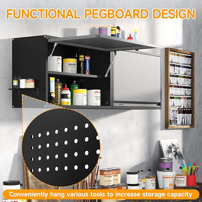 Metal Wall Cabinet with Adjustable Shelves, Doors - Floating Tool Storage for Garage/Warehouse - Black/Gray