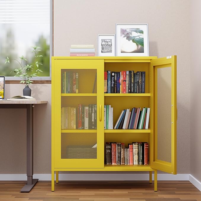 Metal Storage Cabinet with Mesh Doors,Steel Display Cabinet with Adjustable Shelves,Metal Office Storage Locker for Home Office,Garage(Yellow, 40''H)