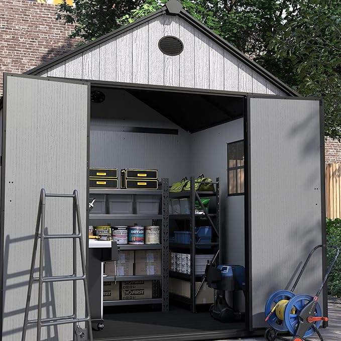 7.3x7.3 FT Resin Outdoor Storage Shed Large, 376 Cuft Garden Tool Sheds & Outdoor Storage Plastic Shed with Floor, 8FT Tall Backyard Lawn Mower Storage Shed with Side Window, Cemented Grey