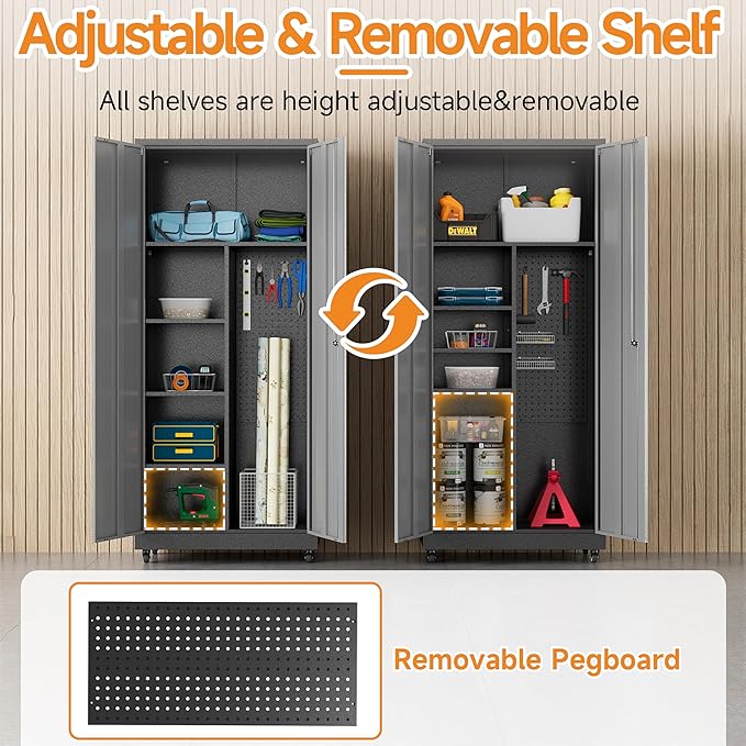 Metal Garage Storage Cabinet with 2 Doors, Adjustable Rolling Tool Storage Cabinet with Lock, 71" Steel Locking Tool Cabinet with Wheels and Shelves for Garage, Warehouse(Black&Gray, 71" H)