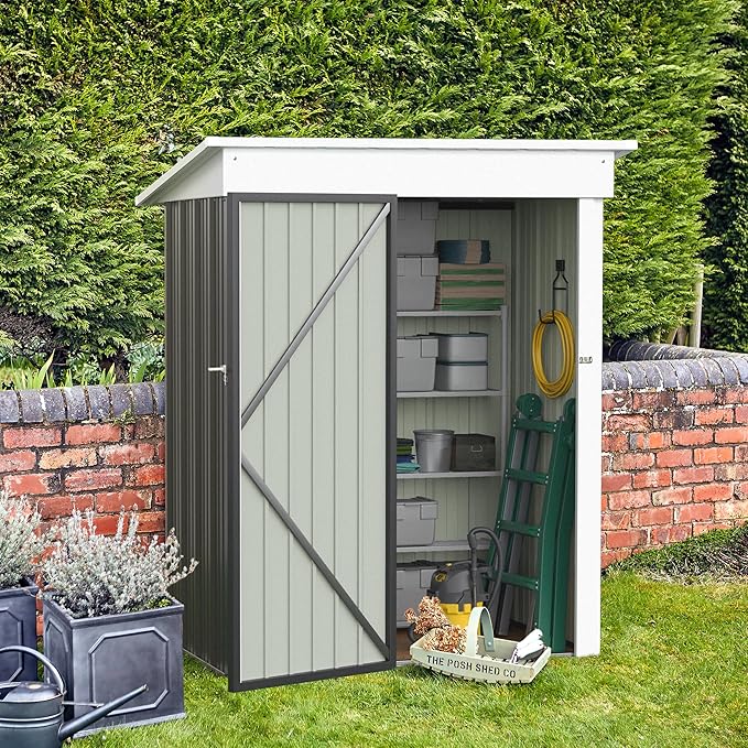 JUMMICO Metal Outdoor Storage Shed 5 x 3 FT Metal Shed with Lockable Door,Waterproof Garden Tool Shed Storage House for Backyard Patio Lawn,Grey