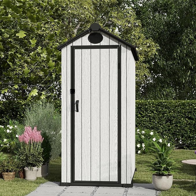 3.4x5.3 FT Resin Outdoor Storage Shed, 125 Cuft Garden Tool Sheds & Outdoor Storage Plastic Shed with Floor, 7FT Tall Backyard Outside Lawn Mower Storage Shed with Side Window, Cemented Grey