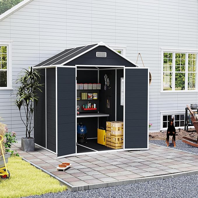 MyVoice 6x6 FT Outdoor Resin Storage Shed with HD Window, Rustproof Waterproof Garden Tool Shed, 12mm Thickened PP Panels, Large Capacity Outdoor Utility House for Backyard Patio (with Floor)