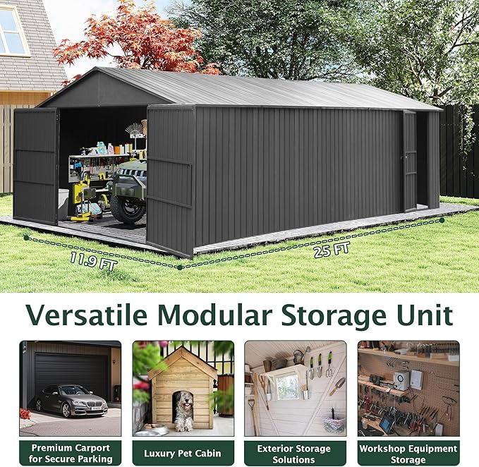 Domi 12'x25' Outdoor Metal Garage Shed, Weatherproof Enclosed Carport with Sidewalls & 2 Lockable Doors, Extra Large Backyard Storage Shed for Car, Truck,Lawn Mower, 80MPH Wind Resistance, Dark Grey