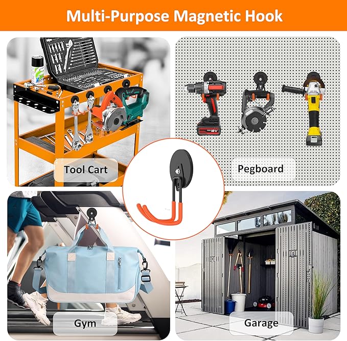 ENUODA Strong Magnetic Hooks Heavy Duty - Large Magnetic Tool Holder Utility Magnet Hanging Hook for Toolbox, Ladder, Broom, Shovel, Hose, Extension Cord, 2 PCS