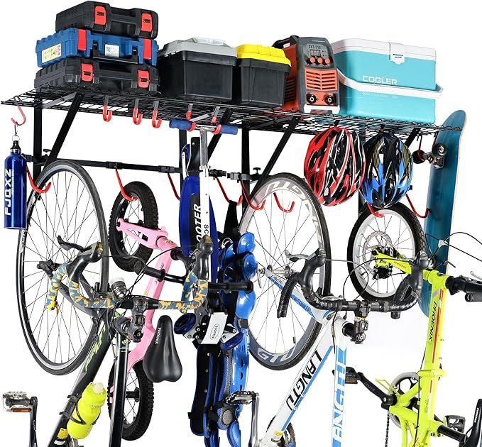 PLKOW Garage Wall Shelving, Wall Mount Bike Storage Rack with 8 Adjustable Bike Hooks, Heavy-Duty Bike Rack for Garage, 280 Lbs Load Capacity, 2-Pack