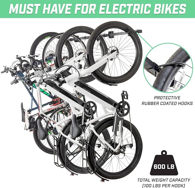 GoSports 6 ft Wall Mounted Bike Rack for Garage - Vertical Storage for 4 to 6 Bicycles
