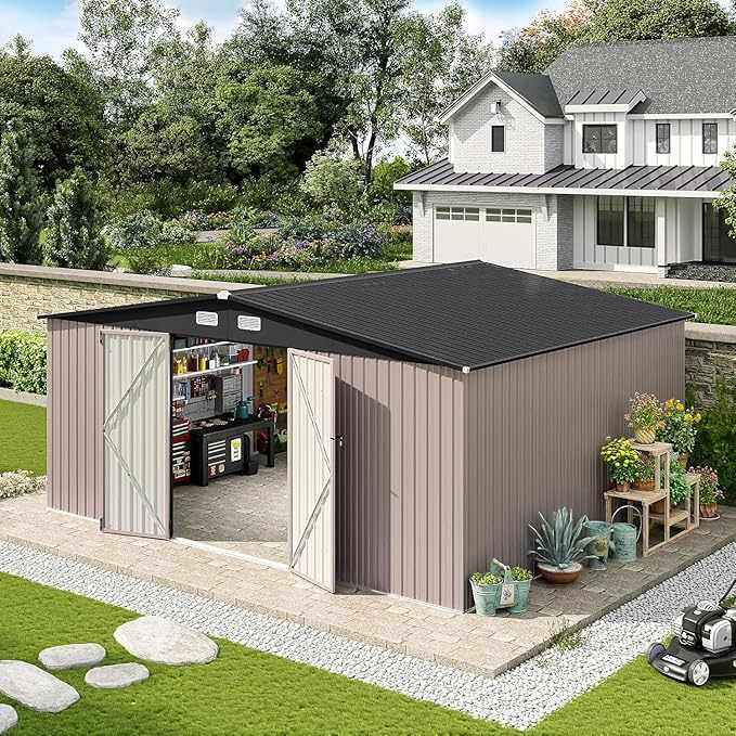 Aoxun 14x12 FT Shed Outdoor Storage Shed with Spacious and Tall Doors, Large Shed Steel Utility Tool Shed Storage House with Door & Lock, Metal Sheds with Sloped Roof for Garden Patio Poolside, Brown