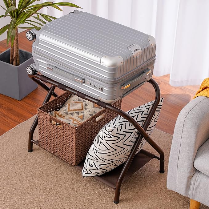 Heybly Luggage Rack, Steel Folding Suitcase Stand with Storage Shelf for Bedroom, Hotel, Foldable Steel Frame, Guest Room Bedroom Hotel, 22.8" L x 11.8" W x 20.9" H, Brown HLR004Z1