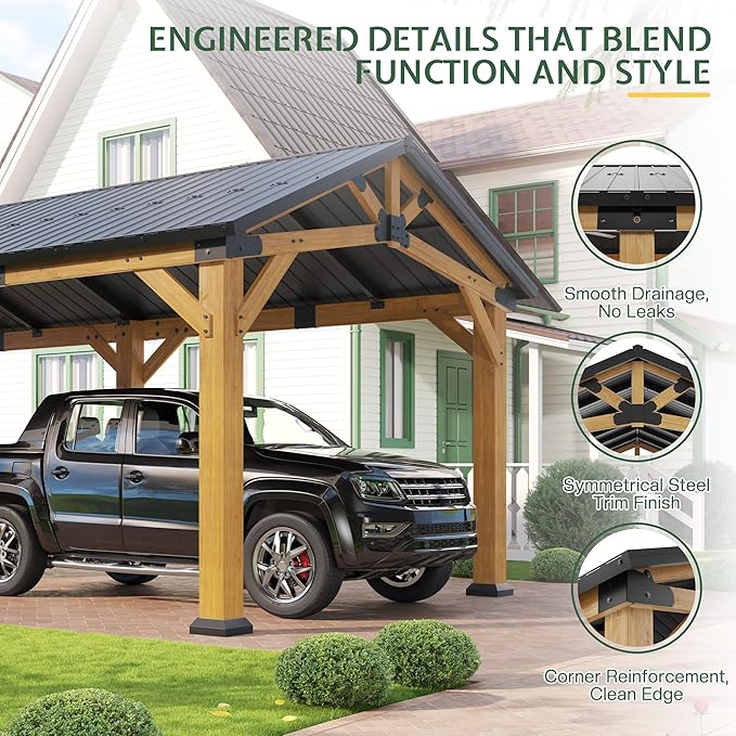 Jocisland 12x24 FT Cedar Wood Hardtop Carport with Steel Roof, Waterproof Outdoor Gazebo Pavilion, Heavy-Duty Snow & Wind Resistant Canopy for Patio, Driveway, Garden