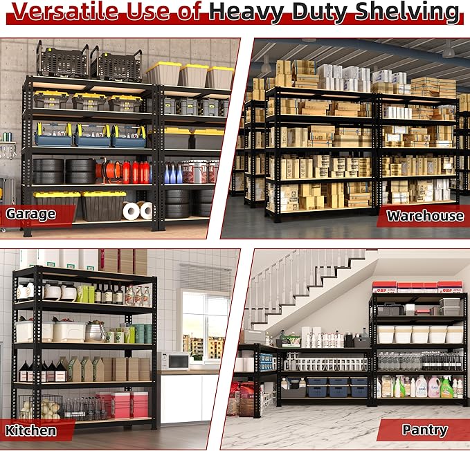 3 Packs 35.5" W x 16" D x 71" H Adjustable Garage Storage Shelves - 5-Shelf Heavy Duty Shelving Unit, Metal Utility Storage Organizer Racks for Warehouse Pantry Closet Kitchen, Black