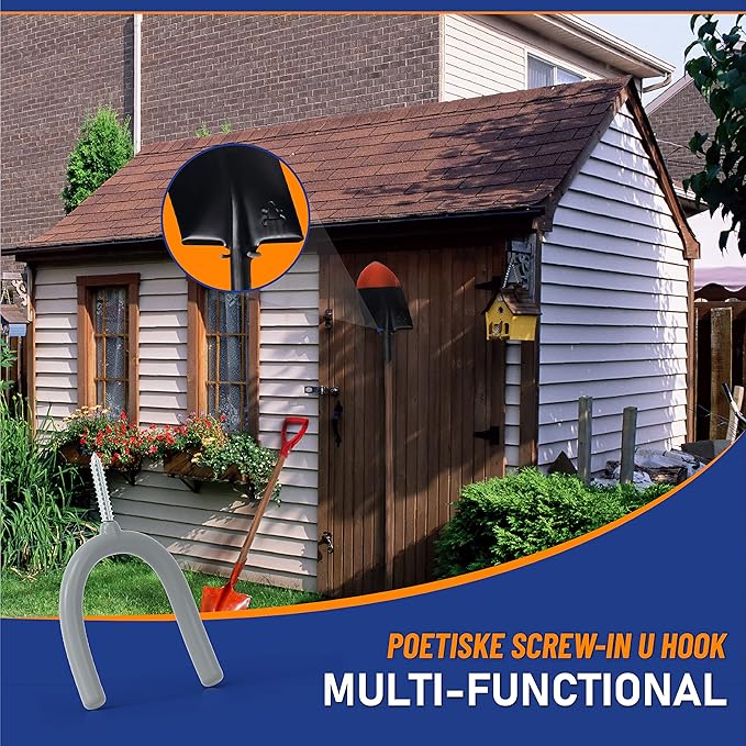 POETISKE Screw in U Utility Hooks Wall Mount Garage Storage Organizer Hanger Hanging Shovels Broom Guitar Garden Tools Heavy Duty Vinyl Holder 16pack