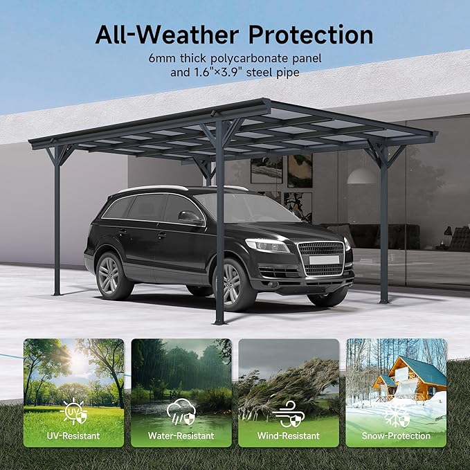 Real Relax 10×16ft Heavy Duty Carport, Pitched-Roof Polycarbonate Panel Canopy, Garage for Trucks, SUVs and Boats, All-Weather Outdoor Storage Car Port, Gray