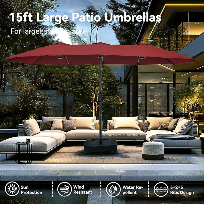 PHI VILLA 15ft Patio Umbrella Double-Sided Outdoor Market Extra Large Umbrella with Crank, Umbrella Base Included (Dark Red)