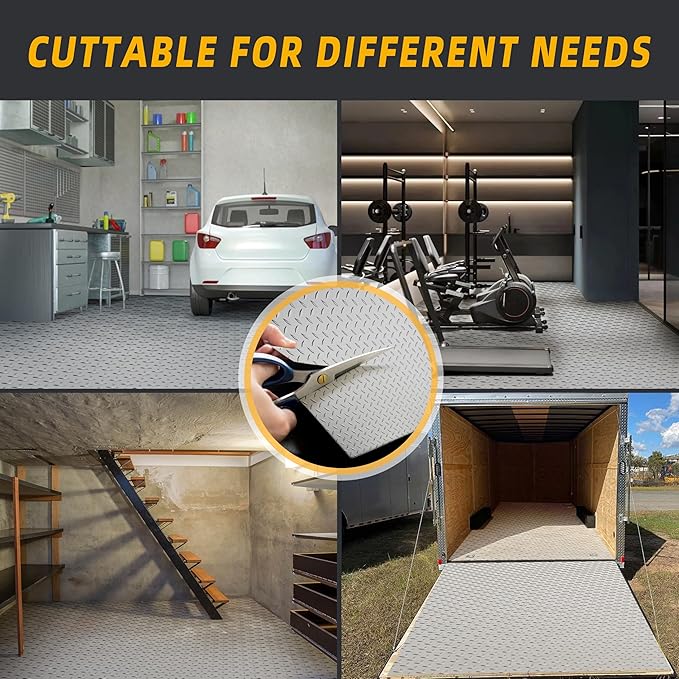 8.2 x 23 FT Garage Floor Mat, 2.8mm Thickened Diamond Plate PVC Garage Flooring Roll for Under Car Parking, Heavy Duty Garage Floor Protector 188.6 SQFT for Garage, Basement, Golf Cart. Gray
