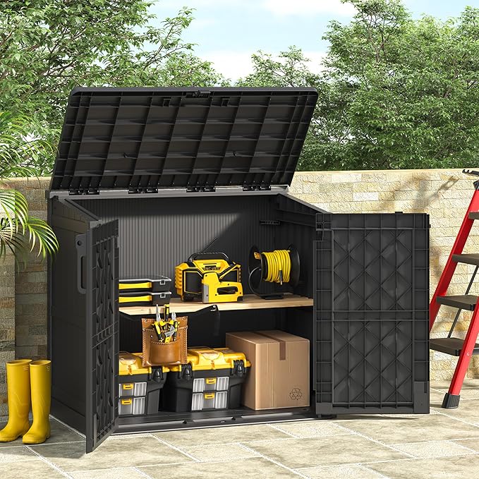 Outdoor Storage Shed 36 Cu. Ft. Resin Garden Horizontal Storage Large Capacity Weather Resistant Storage Box, Lockable Resin Waterproof Shed for Garbage Cans, Garden Tools