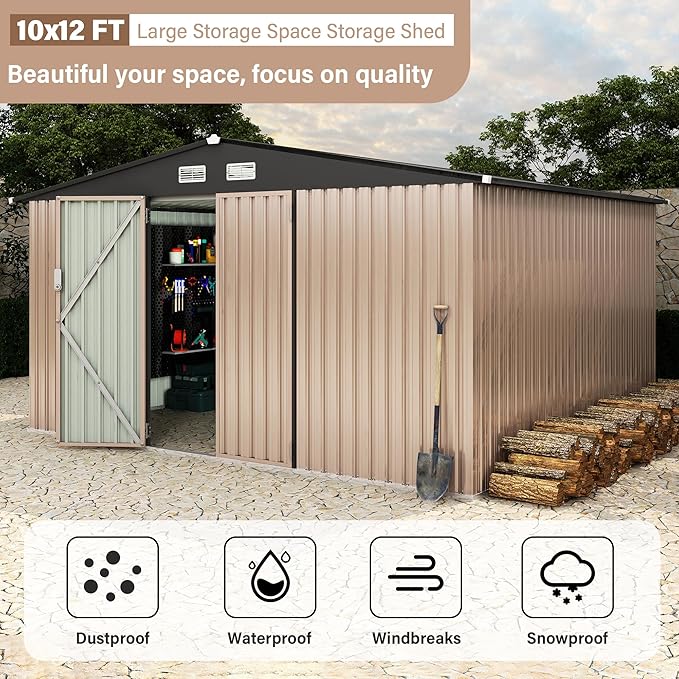 10x12 FT Metal Storage Sheds Outdoor, Metal ToolShed with Lockable Door, Metals Yard Sheds Metals Garden Shed Kit, MetalUtility Sheds Buildings with Air Vent for Backyard Garden Patio Lawn