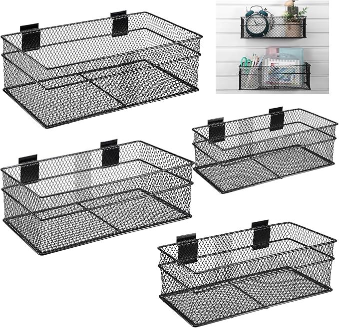 Barydat 4 Pcs Slatwall Basket Set Ventilated Metal Slatwall Basket Hanging Wire Bins Wall Mounted Accessories for Panel Garage Storage Display Organizing(Big Size,Black)