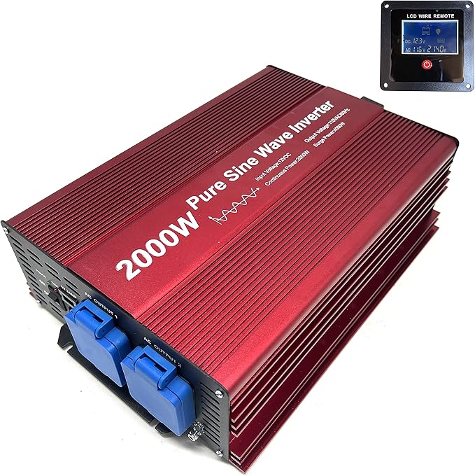 2000W Pure Sine Wave Inverter 12V to 120V AC with 2 AC outlets (IP54 ETL Approved Sockets),DC5V 2 Amp USB Output, LCD Wire Remote kit and OFC Battery Cables,Input terminals Fixing Wrench
