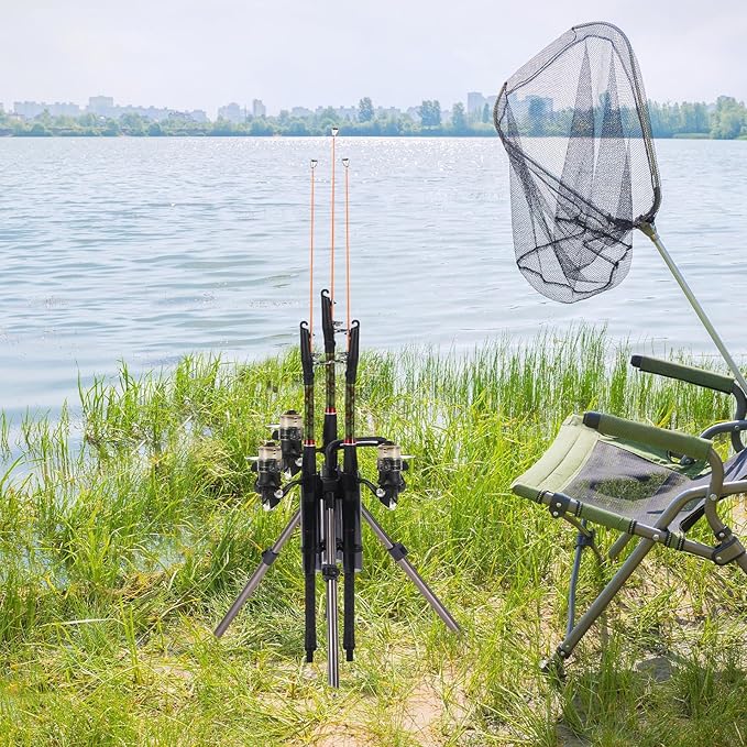 Gisafai Fishing Rod Carrier Foldable Pole Holder Stand 3 Rod Portable Surf Fishing Holder Vertical Beach Pole Storage Freestanding Rack for Garage, Home, Outdoor