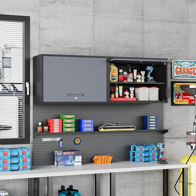 Metal Storage Cabinet Black&Gray Wall Cabinets with Shelf and Locking Door - Wall Mounted Storage Cabinet for Garage Warehouse Home Office - Assembly Required