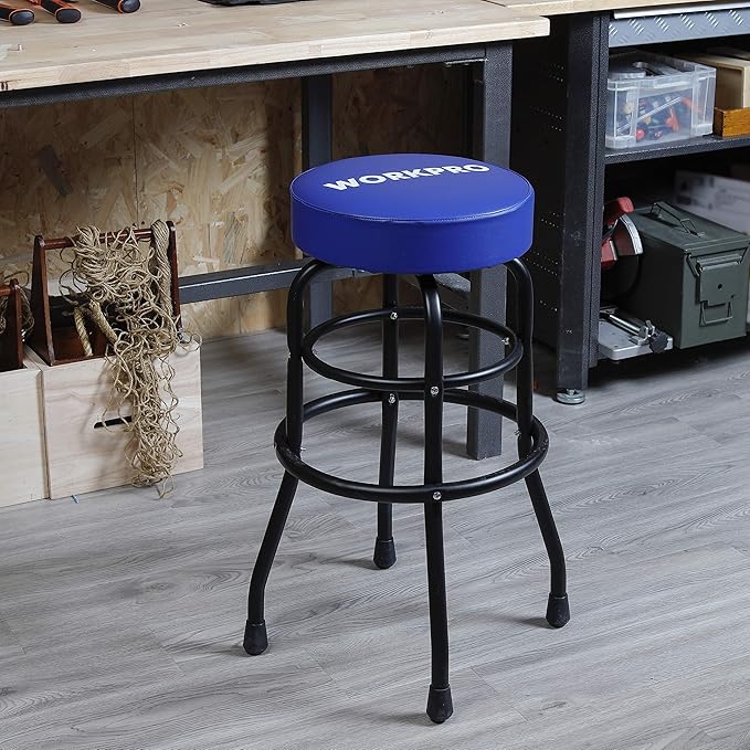 WORKPRO W112003 Garage Shop Stool, Heavy-Duty Steel Construction Garage Stool, Swivel Cushion Seat, Black Powder Coated Legs & Footrest (Single Pack)