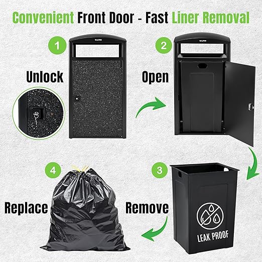 Alpine Outdoor Commercial Trash Can with Lid - 55 Gallon Heavy Duty Steel Garbage Can with Removable Bin, Locking Door for a Modern Look in Park, Mall & High Traffic Areas - Black, Grey Stone Panels