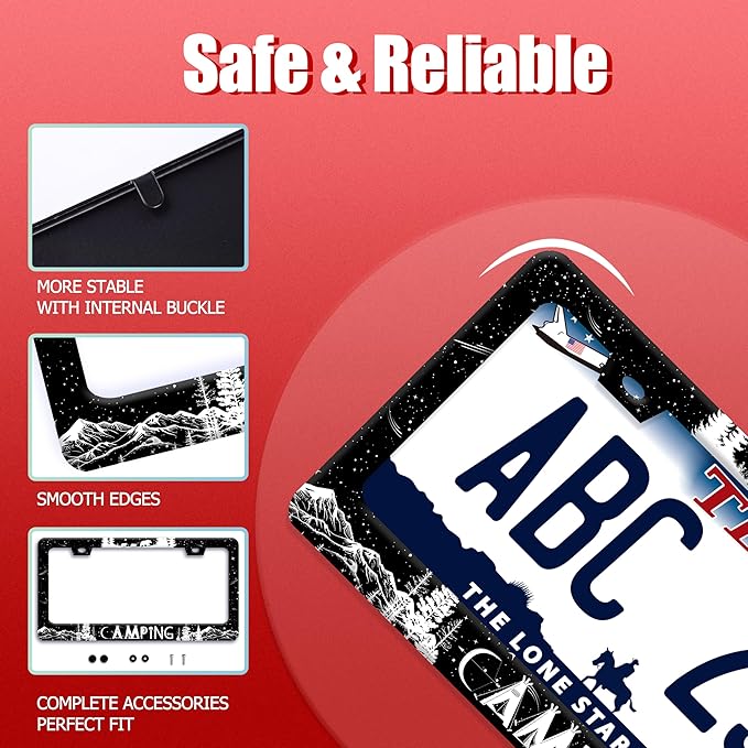 Camping License Plate Frame Forest Mountains License Plate Holder Funny Stainless Steel Accessories Cars Decor with 2 Holes and Screws Fits Standard Us Ca Vehicles License Plate Frames 12.2 X 6 Inch
