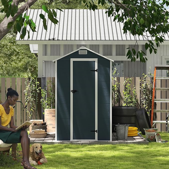 MyVoice 8x4 FT Outdoor Resin Storage Shed with HD Window, Rustproof Waterproof Garden Tool Shed, 12mm Thickened PP Panels, Large Capacity Outdoor Utility House for Backyard Patio (with Floor)