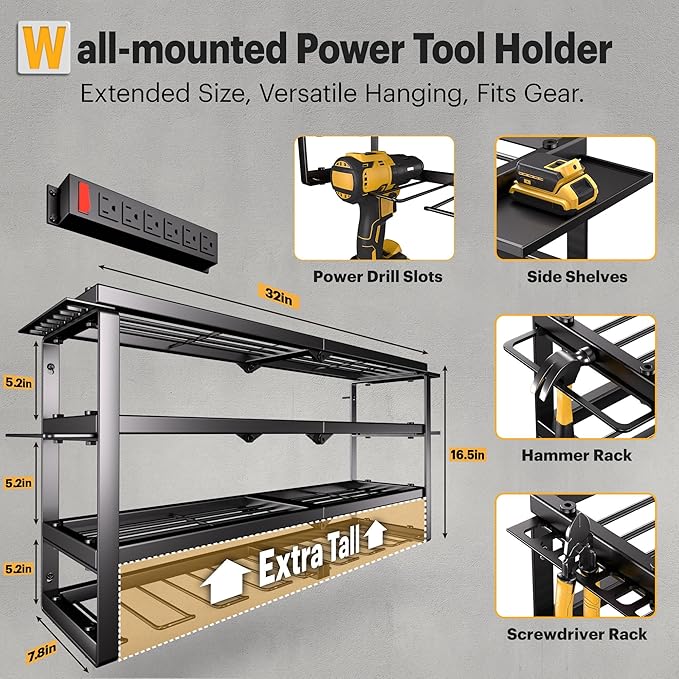 Power Tool Organizer Wall Mount with Charging Station, 4 Layer 8 Slots Cordless Drill Holder for Garage Storage, Utility Racks Max 420lbs Load With 6 Outlet Power Strip for Fathers Men Gift