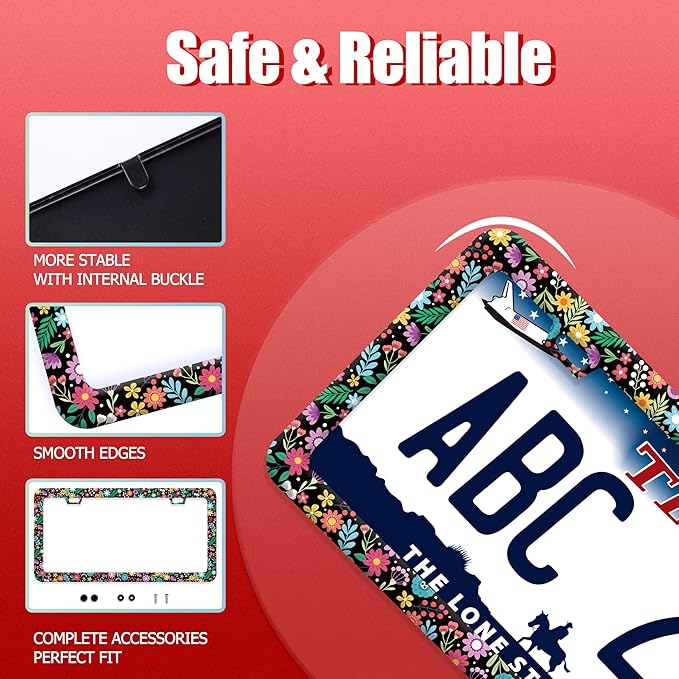 Colorful Flowers License Plate Frame Funny Floral License Plate Frames Stainless Steel Accessories Cars Decor with 2 Holes and Screws Fits Standard Us Ca Vehicles License Plate Holder 12.2 X 6 Inch