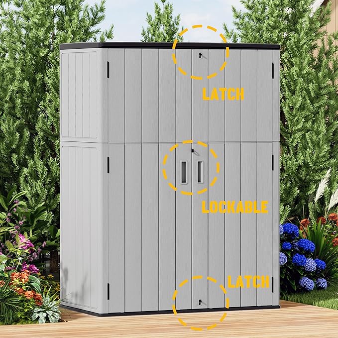 Plastic Outdoor Storage Cabinets,Vertical Sheds&Outdoor Storage with Floor,Outdoor Storage Box Waterproof/Lockable for Garage,Bike,Tools Storage Shed (57Cu.ft-Pale Grey)