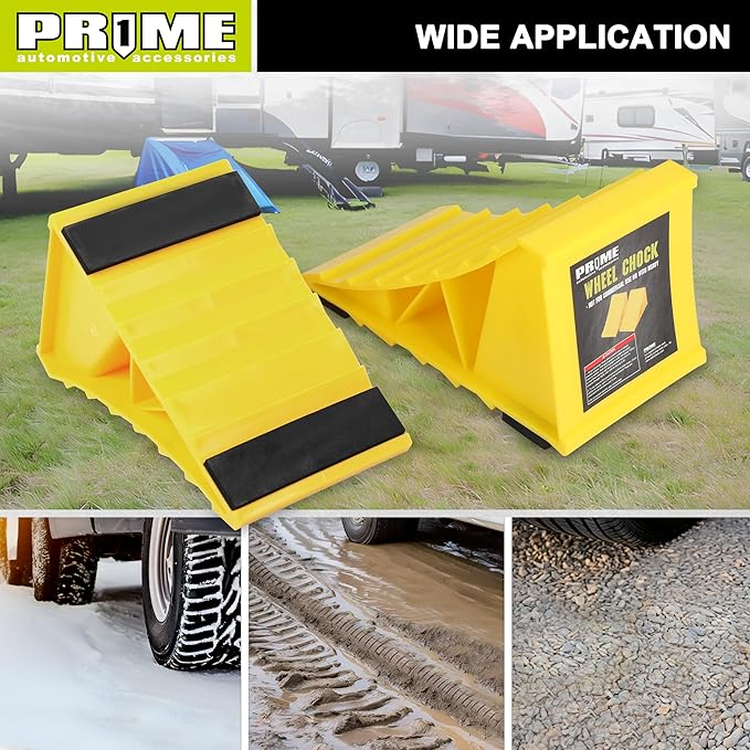 PR1ME Wheel Chocks with Non-Slip Base for RV & Trailer. 2 Pack Heavy Duty Wheel Chock with Bright Yellow. Lightweight Wheel Stoppers for Cars Camper Trucks RVs, Fit for Most Tyre Sizes