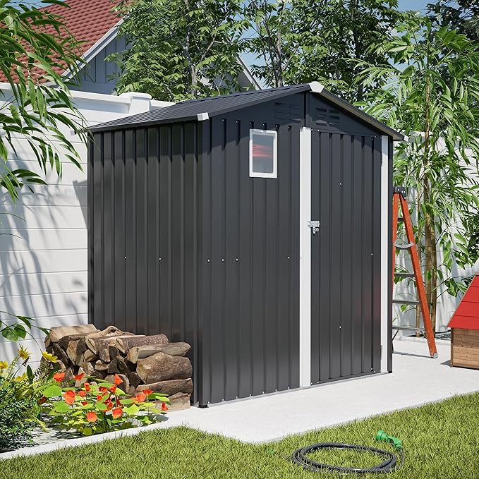 6x4 FT Outdoor Storage Shed,Metal Shed with Window,Garden Shed W/Dual Air Vents & Lockable Sliding Door,All Weather Waterproof Tool House W/Sloped Roof,for Patio,Yard,Lawn,Black