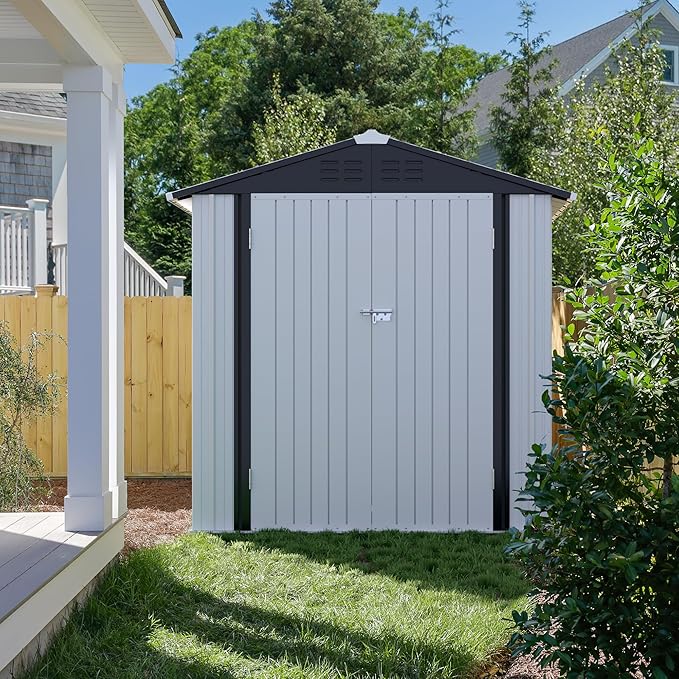 JUMMICO Metal Outdoor Storage Shed 6 x 4 FT Metal Shed with Lockable Door,Waterproof Garden Tool Shed Storage House for Backyard Patio Lawn,White