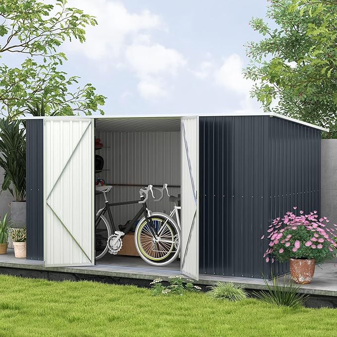 Outsunny 11' x 6' Outdoor Storage Shed, Galvanized Metal Utility Garden Tool House, 2 Vents and Lockable Door for Backyard, Bike, Patio, Garage, Lawn, Dark Gray