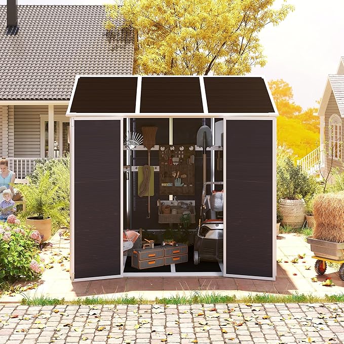 MyVoice 8x7 FT Outdoor Resin Storage Shed with HD Window, Rustproof Waterproof Garden Tool Shed, 12mm Thickened PP Panels, Large Capacity Outdoor Utility House for Backyard Patio (with Floor)