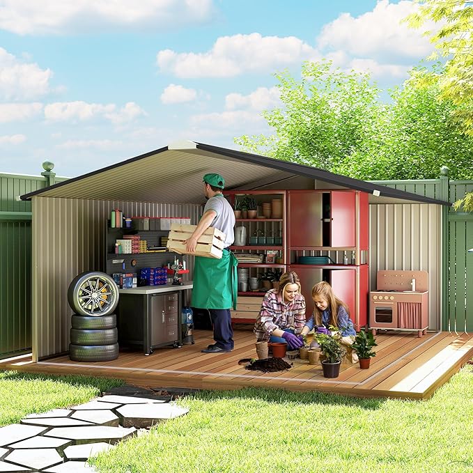 Outsunny 11' x 13' Outdoor Storage Shed, Garden Tool Metal Shed with Foundation Kit, Double Lockable Door, Air Vents and Sloping Roof, for Backyard, Patio, Lawn, White