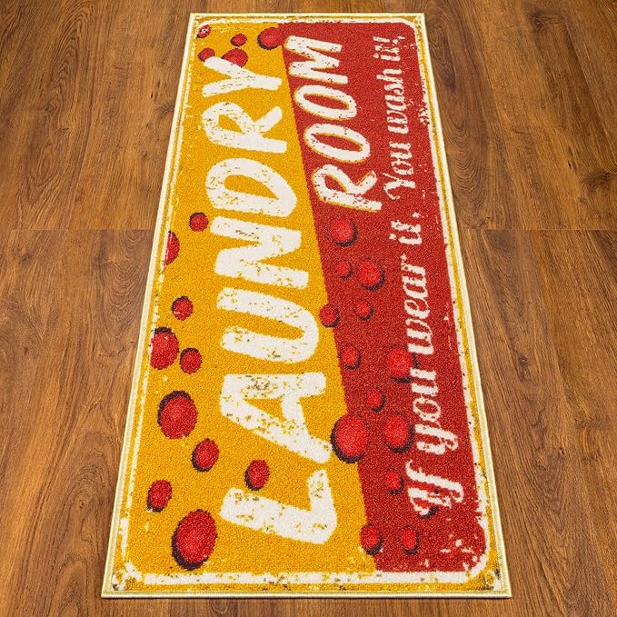 Ottomanson 20" x 59" Laundry Room Rug - Non-Slip Mat for Laundry & Mudroom - Durable, Stain-Resistant, and Easy to Clean - Perfect for High-Traffic Areas - Runner Rug for Entryway Bathroom, Yellow/Red