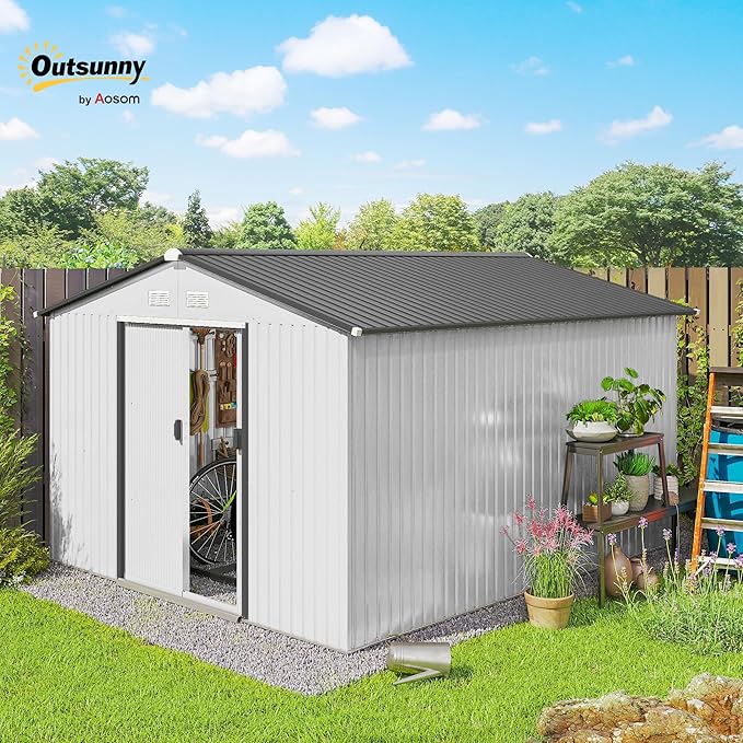 Outsunny 11' x 9' Outdoor Storage Shed, Garden Tool Metal Shed with Foundation Kit, Double Lockable Door, Air Vents and Sloping Roof, for Backyard, Patio, Lawn, Silver
