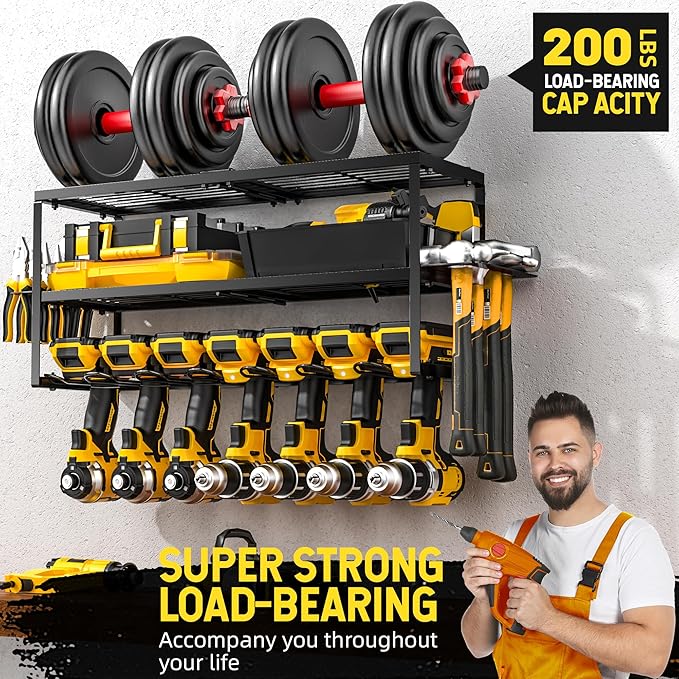 Power Tool Organizer-7 Drill Holder Wall Mount, Garage Organization Storage, 3 Layer Heavy Duty Metal Power Tool Rack,Garage Tool Organizer with Screwdriver Plier Hammer Holder, Men Dad Gifts