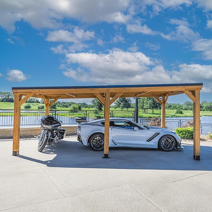 Backyard Discovery Kingsport 20' x 12' Cedar Wood Outdoor Carport Garage with Heavy-Duty Galvanized Steel Slope Roof, Snow Support, Wind Resistance, PowerPort, Shelter to Protect Cars, Boats, Trucks