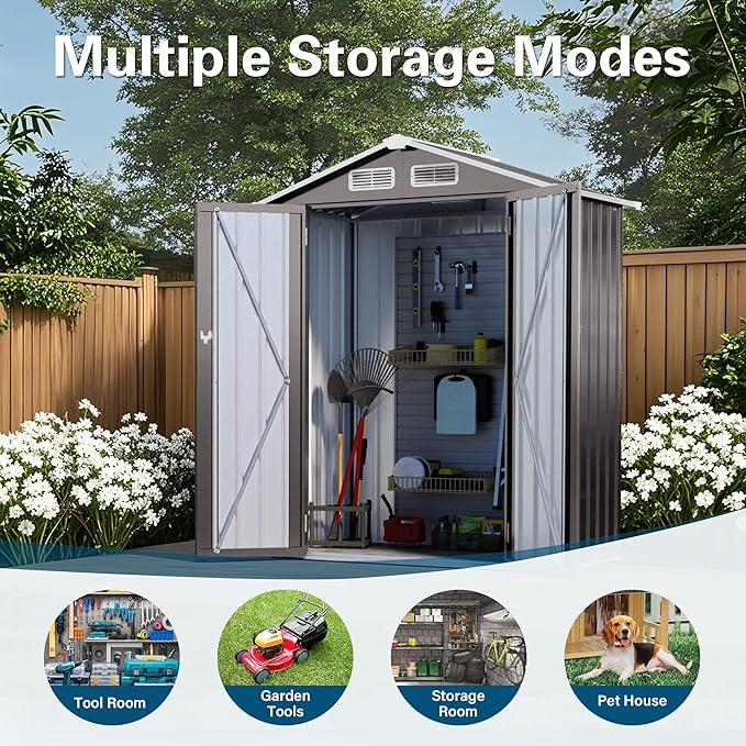 IKERY 5X3 FT Metal Outdoor Storage Shed, Tool Shed with Pitched RoofWaterproof, Lockable DoorCompact Metal Tool Shed for Garden, Backyard, Patio, Everyday Sundries and Bike Storage, Gray